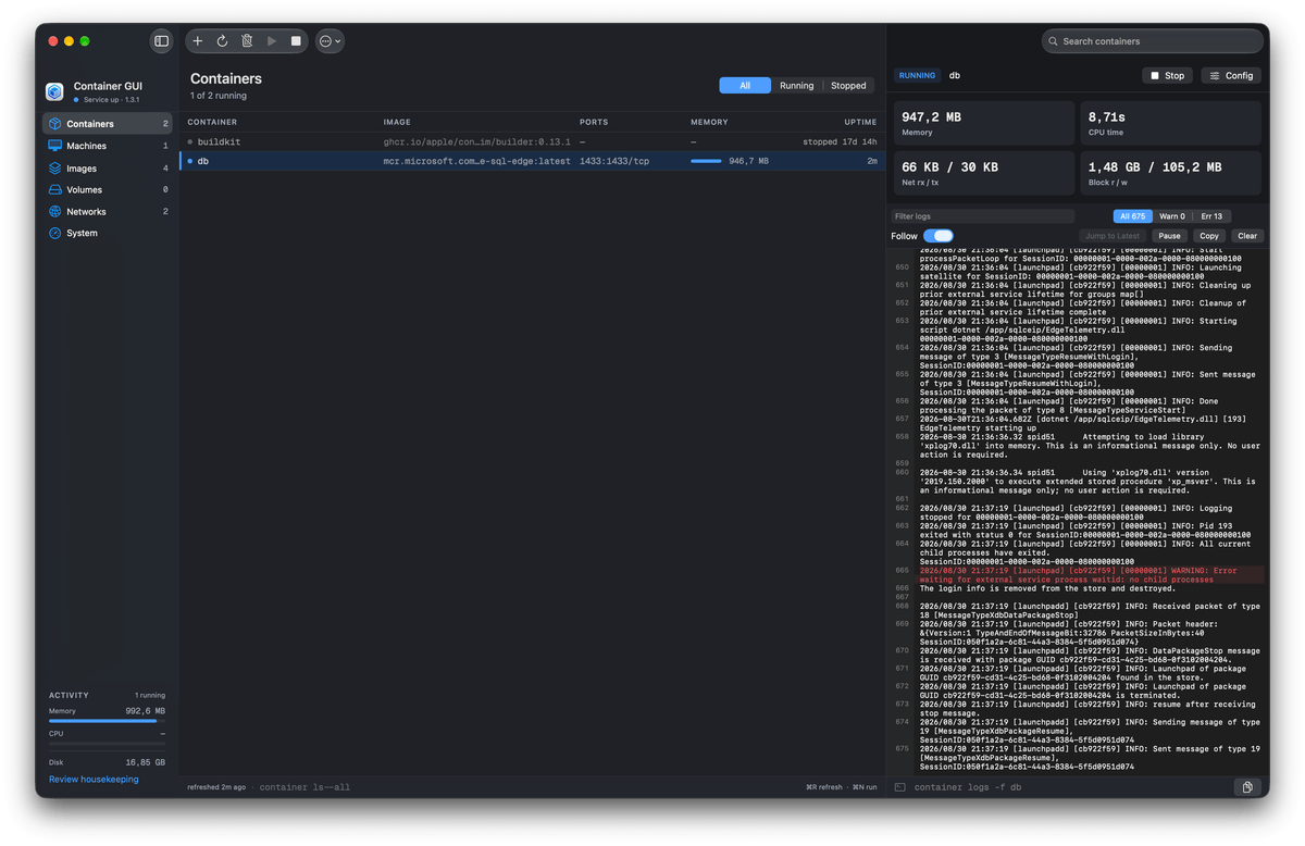 Container GUI on macOS showing the Containers list with the inspector open on a running container, with live memory, CPU, network and block I/O statistics and streaming logs.